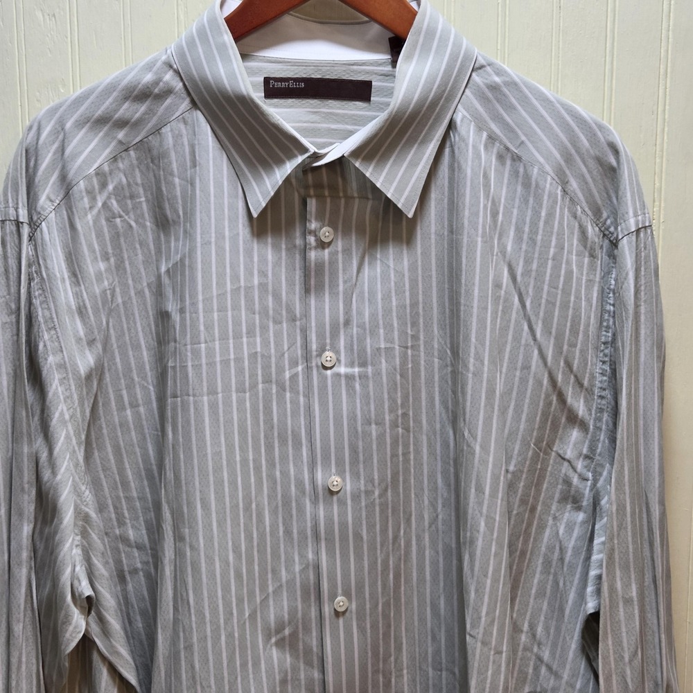 Perry Ellis Shirt Mens 2XL Gray Stripe Cotton Long Sleeve Button Front Dress